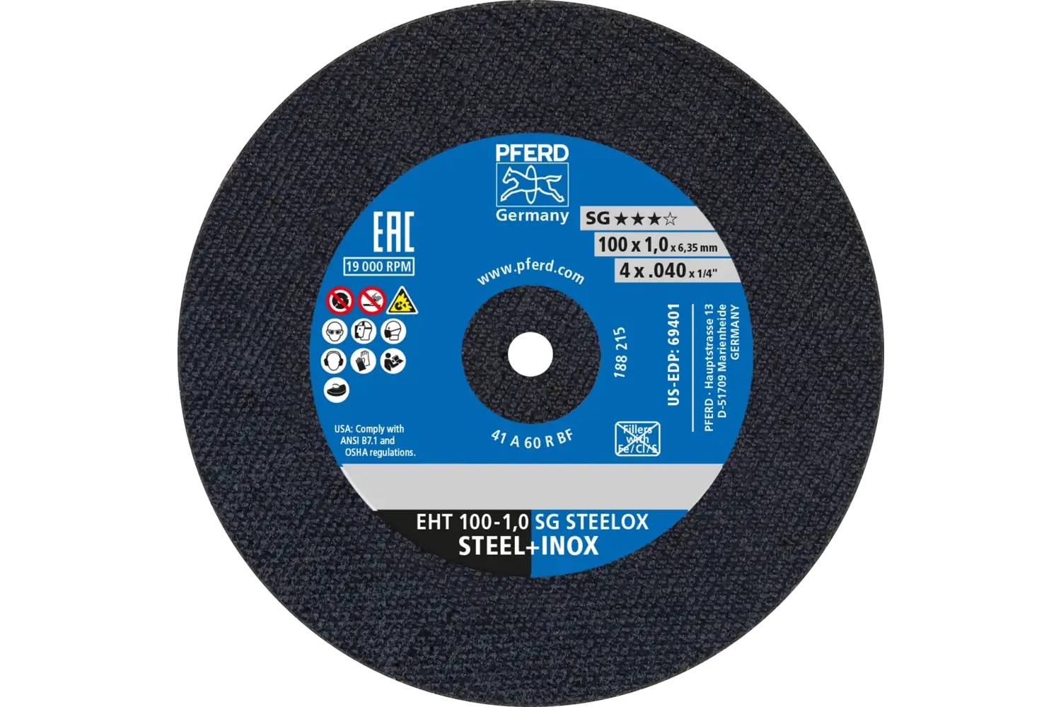 Picture of Pferd Die Grinder Cut-Off Wheel, 4" X .040 X 1/4, Sg Steelox, T1, Aluminum Oxide